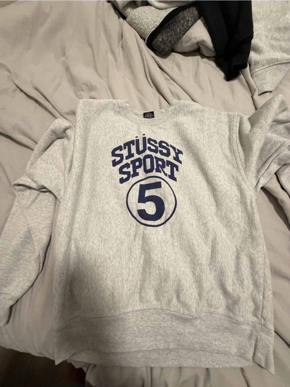 Stussy Gray Crewneck with Navy 'Stussy Sport' Logo